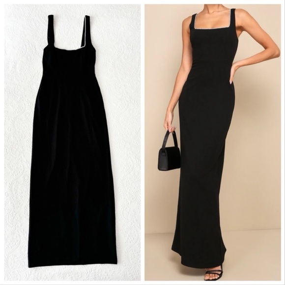 NWT Lulus Timeless Poise Black Rhinestone Square Neck Backless Maxi Dress  Small